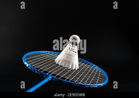 Badminton sport equipment on dark black background Stock Photo