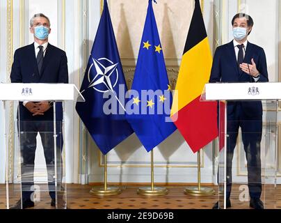 NATO Secretary General Jens Stoltenberg and Prime Minister Alexander De Croo pictured during a press moment after a meeting between the NATO Secretary Stock Photo