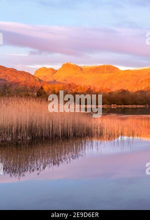 Beautiful golden light on mountains with calm reflections in water. Taken at Elterwater in the Lake District, UK. Stock Photo
