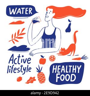 Healthy lifestyle motivational vector design with healthy food elements and woman. Stock Vector
