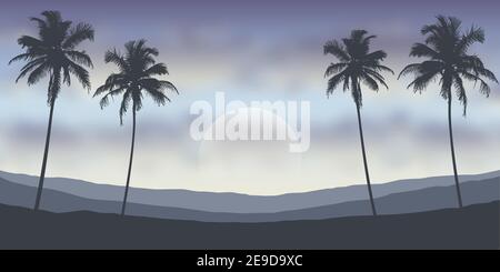 tropical night landscape with palm trees and mountains vector illustration EPS10 Stock Vector