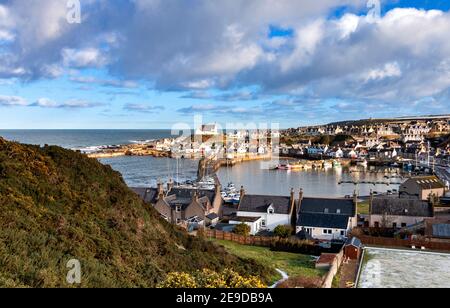 FINDOCHTY MORAY COAST SCOTLAND VIEW ACROSS THE HARBOUR FROM THE WAR MEMORIAL HILL Stock Photo