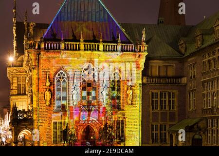Illuminated historic Bremen town hall, light art in Bremen's old town 2020, Germany, Bremen