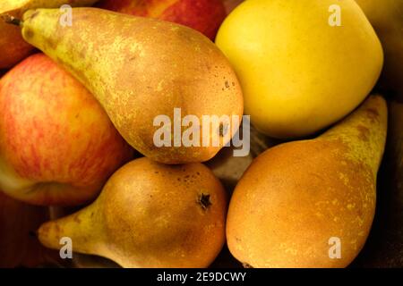 Still life with a close-up of ripe apples and pears lying in a metal bowl. Stock Photo