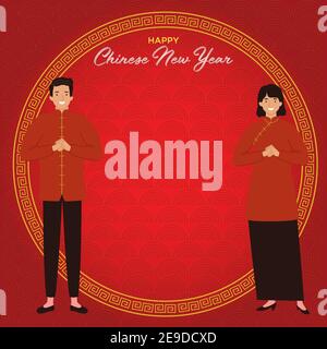 a couple of man and woman wearing chinese traditional clothes do the fist and palm salute for the chinese new year on a red background Stock Vector