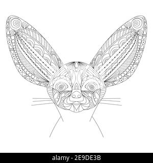 Adult anti stress Coloring Page with high details isolated on white background- Fennec. Stock Vector