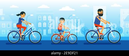 Family of cyclists. Dad mom and son ride bicycles around the city. Stock Vector