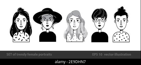 Set of feamle portraits. Trendy fashionable characters in outline doodle style. Black and white vector illustration. Different avatars of women Stock Vector