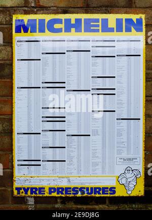 Original April 1996 antique tinplate Michelin sign for use in garages. showing tyre pressures for cars. Mounted on brick wall Stock Photo