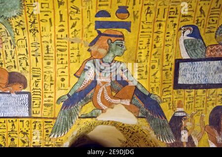 Ancient Egyptian painting of Nut, goddess of the heavens. Shown wearing the wings of a vulture. Tomb of Irynefer, TT290 at Deir el Medina, Luxor, Egyp Stock Photo