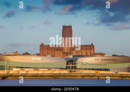 United Kingdom, England, Merseyside, Liverpool, View of Eco Arena, BT Convention Centre and Liverpool Cathedral Stock Photo