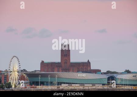 United Kingdom, England, Merseyside, Liverpool, View of Eco Arena, BT Convention Centre and Liverpool Cathedral Stock Photo
