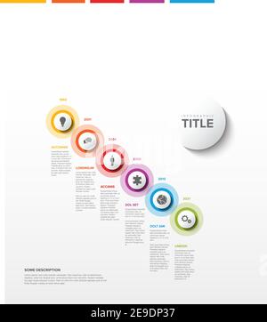 Vector light diagonal progress timeline steps template with descriptions, icons and circles Stock Vector