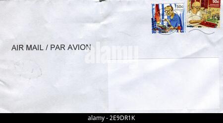 GOMEL, BELARUS - AUGUST 12, 2020: Old envelope which was dispatched from Singapore to Gomel, Belarus, August 12, 2020. Stock Photo