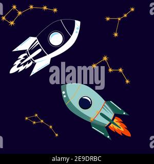 Set of two Rocket ship in a flat style Stock Vector