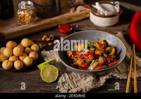 Original recipe with chicken, vegetable and nuts Stock Photo