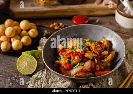 Original recipe with chicken, vegetable and nuts Stock Photo