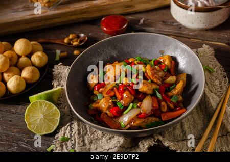 Original recipe with chicken, vegetable and nuts Stock Photo