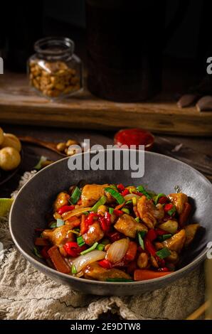 Original recipe with chicken, vegetable and nuts Stock Photo