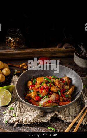 Original recipe with chicken, vegetable and nuts Stock Photo