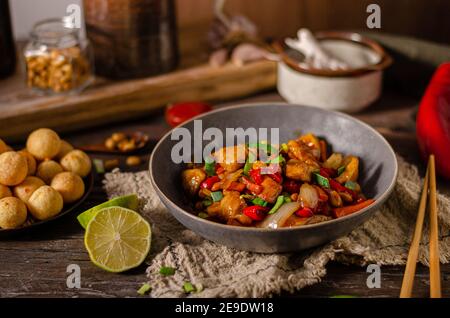 Original recipe with chicken, vegetable and nuts Stock Photo