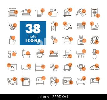 Hotel vector flat icon set. Graph symbol for travel and tourism web site and apps design, logo, app, UI Stock Vector