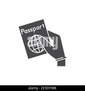 Hand in glove holds passport black glyph icon. Safe travel. Pictogram for web, mobile app, promo. UI UX design element. Stock Vector