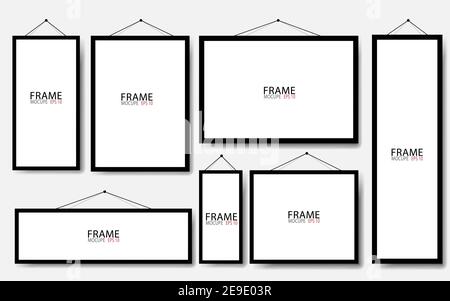Realistic hanging on a wall blank black picture frames collection. Modern poster mockup. Empty photo frame. Vector illustration. Stock Vector