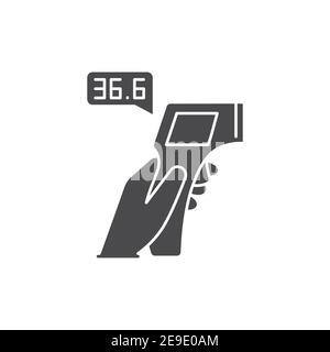 Infrared thermometer measures temperature black glyph icon. Safe travel. Pictogram for web, mobile app, promo. UI UX design element. Stock Vector