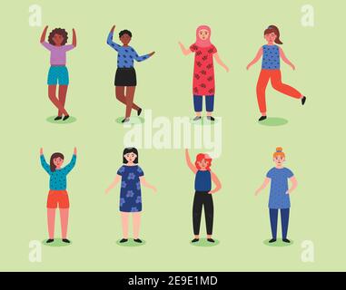 group of eight young women standing avatars characters vector illustration design Stock Vector