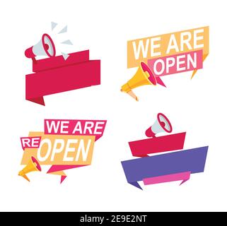 bundle of four reopening labels campaign set icons vector illustration design Stock Vector
