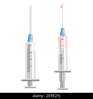 medical syringe icons set. The syringes are filled with vaccine, medicine. Illustration of medical syringes with a needle in flat minimalist style Stock Vector