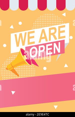 we are reopen commercial label with megaphone and parasol vector illustration design Stock Vector