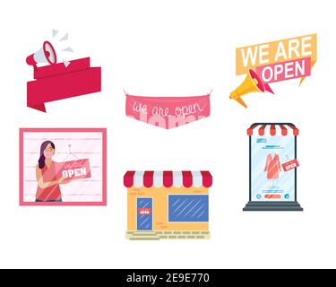 bundle of six reopening labels campaign set icons vector illustration design Stock Vector