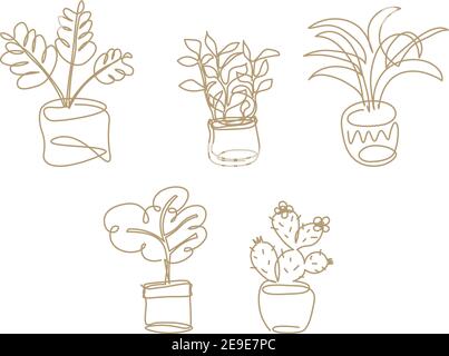 Icon set of outline botanical doodles. The abstract graphic elements of continuous line drawing on transparent background Stock Vector