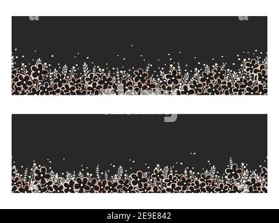 Vector horizontal seamless patterns with hand drawn flowers. Floral gold and black backgrounds. Stock Vector