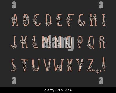 Vector hand drawn floral alphabet in grunge style with flower. Decorative monograms collection. Capital letters. Gold elements. Stock Vector