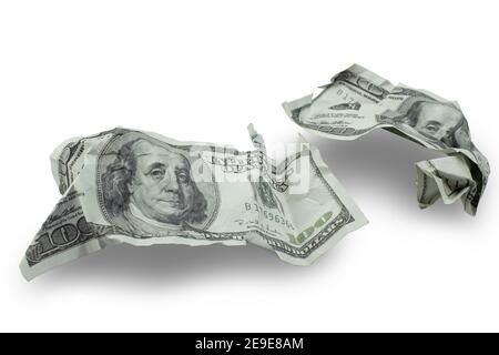 Money crushed one hundred dollar bills isolated on white background with clipping path Stock Photo