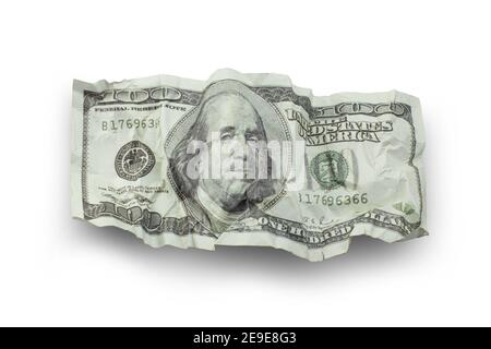 Money crushed one hundred dollar bills isolated on white background with clipping path Stock Photo