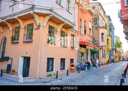 Bright colorful old houses and cozy streets of jewish district in Istanbul. Turkey , Istanbul - 21.07.2020 Stock Photo