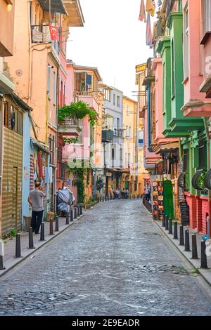 Bright colorful old houses and cozy streets of jewish district in Istanbul. Turkey , Istanbul - 21.07.2020 Stock Photo