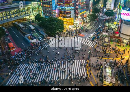 June 12, 2019: Shibuya Crossing, a world famous and iconic, also the busiest intersection in front of the Shibuya Station, Tokyo, japan. Hundreds of p Stock Photo