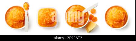 Set of Pumpkin and carrot baby puree in bowl and plastic container with baby spoon isolated on white background, top view Stock Photo