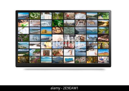 TV screen with lot of pictures isolated on white. Online Tv, VOD service, streaming video. online Television streaming video. Media TV on demand. Whit Stock Photo