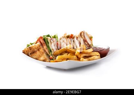 Club sandwich and French fries isolated on white bckground Stock Photo