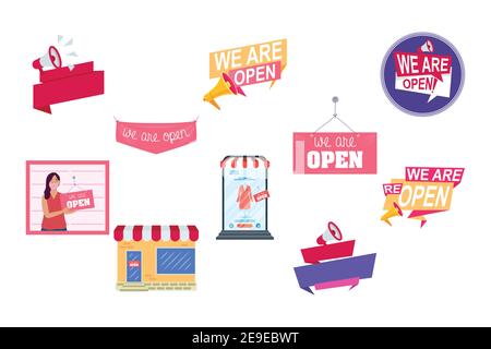 bundle of ten reopening labels campaign set icons vector illustration design Stock Vector
