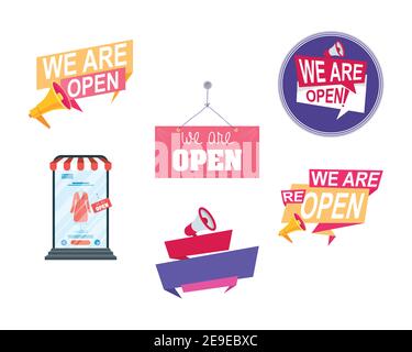 bundle of six reopening labels campaign icons vector illustration design Stock Vector