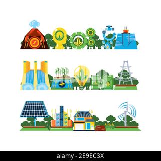renewable energy, environmental eco plants and stations using alternative energy sources vector illustration Stock Vector