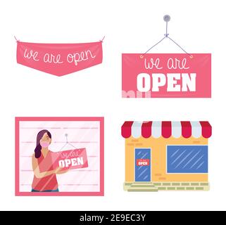 bundle of four reopening labels campaign icons vector illustration design Stock Vector