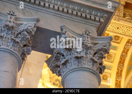 Column details and ornate interior of the Jefferson Building - part of the Library of Congress, Washington, DC, USA Stock Photo